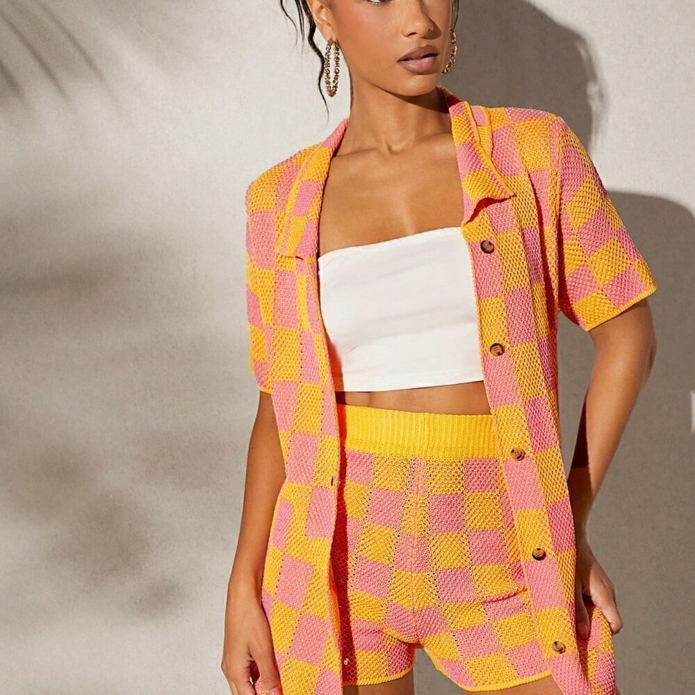 Multicolor Casual Women's Checker Knit Button Top & Shorts Set - Picture 5 of 5